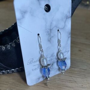 Genuine pearl & blue crystal silver plated earrings